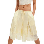 Y2K Lace Floral Bloomers Midi Pants With Silk Satin Patchwork Ruffles