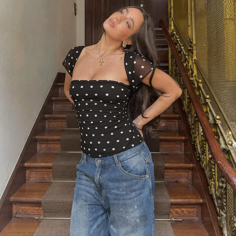 Dot Print Square Neck Mesh Tee