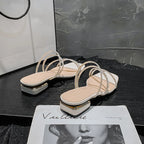 Crystal Rhinestone Clear Strap Sandals With Low Heel