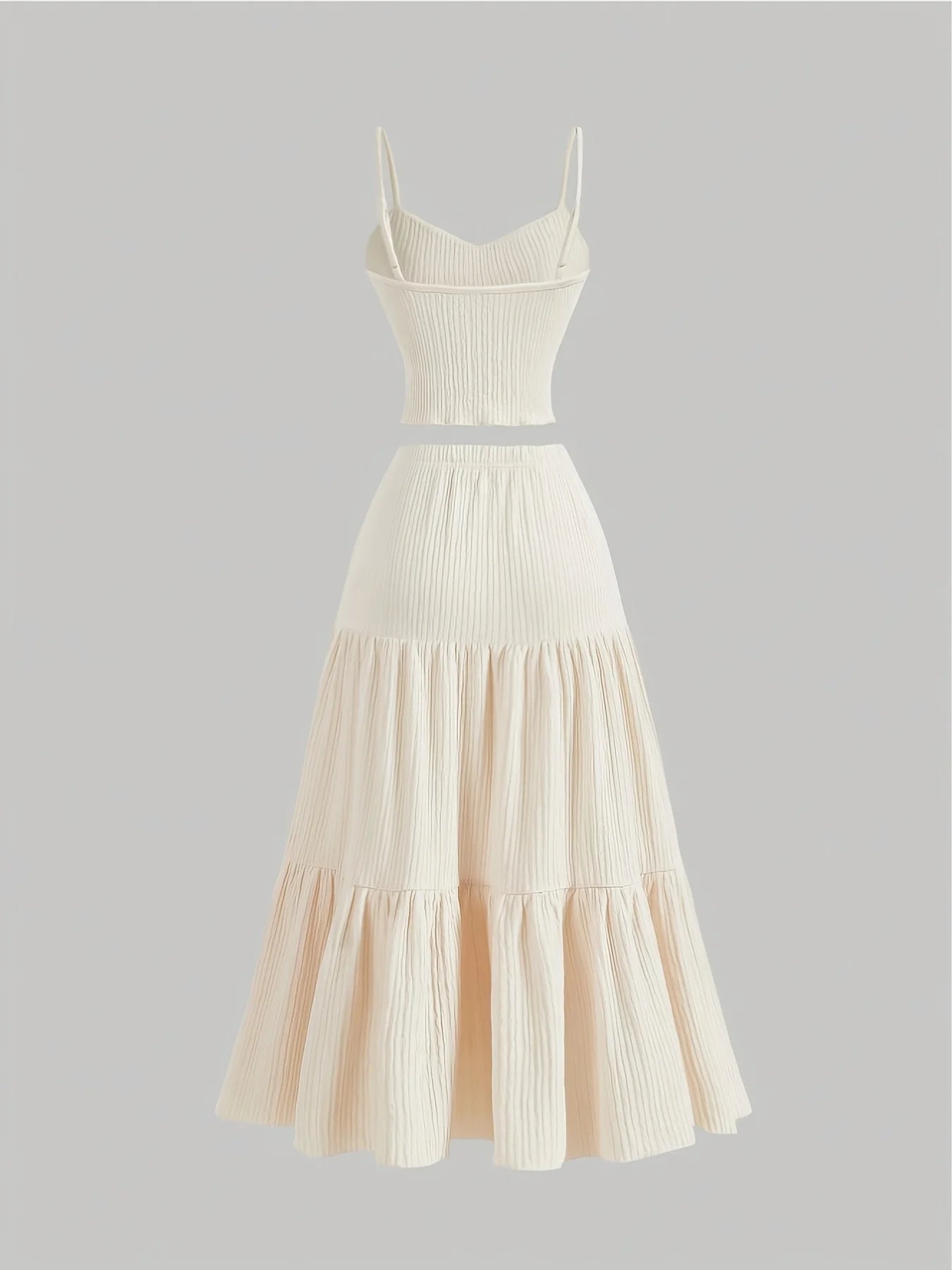 Plus Size Beige Ribbed Cami Top And Tiered Maxi Skirt Two Piece Set