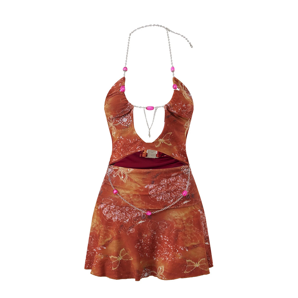 Coquette Y2K Hollow Out Beaded Halter Mini Dress