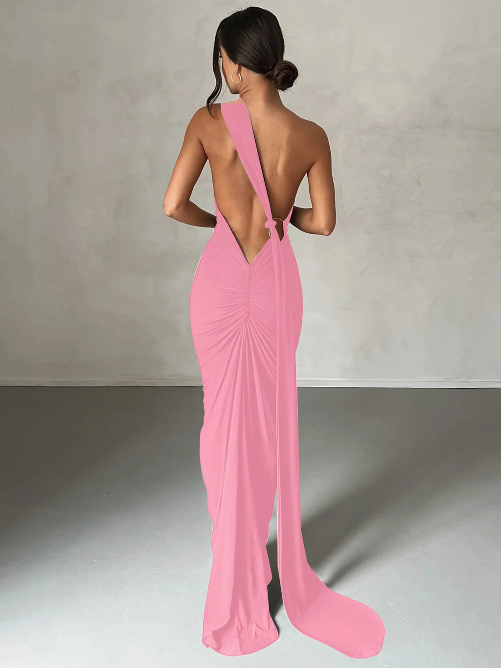 One Shoulder Backless Ruched Slim Long Dress