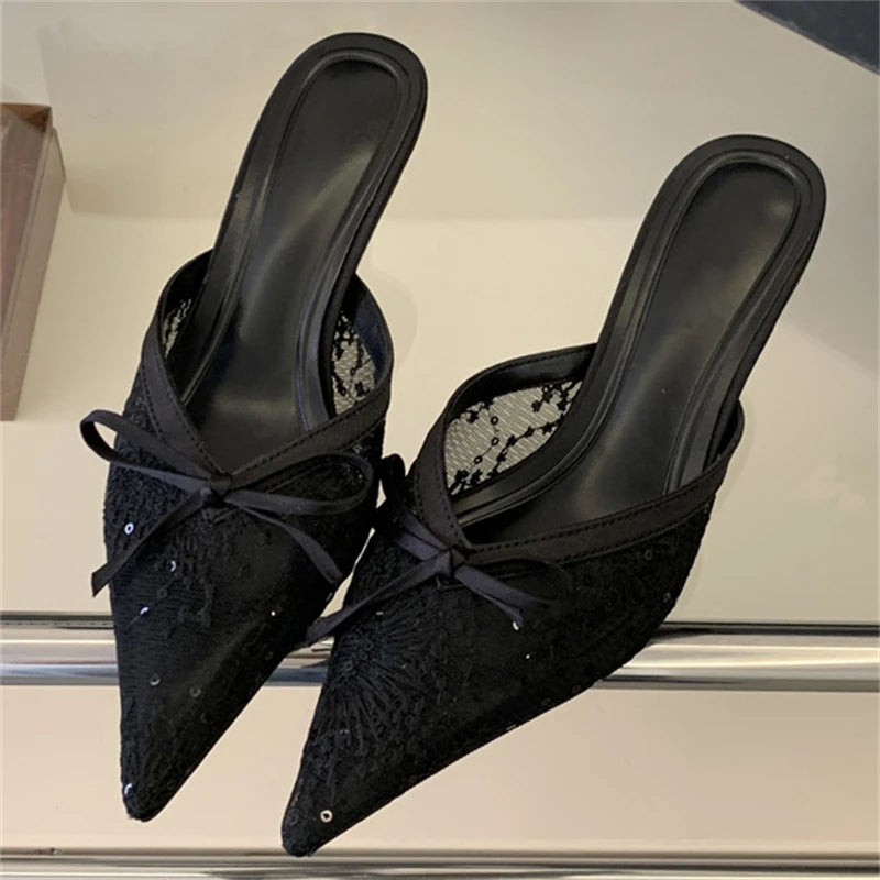 Butterfly Knot Pointed Toe Mules Breathable Mesh