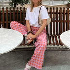 Casual Plaid Print Pants With Elastic Waistband Straight Leg Trousers