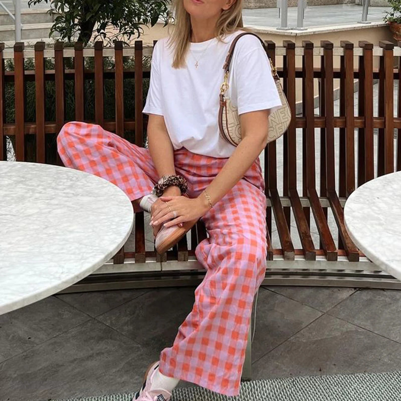 Casual Plaid Print Pants With Elastic Waistband Straight Leg Trousers