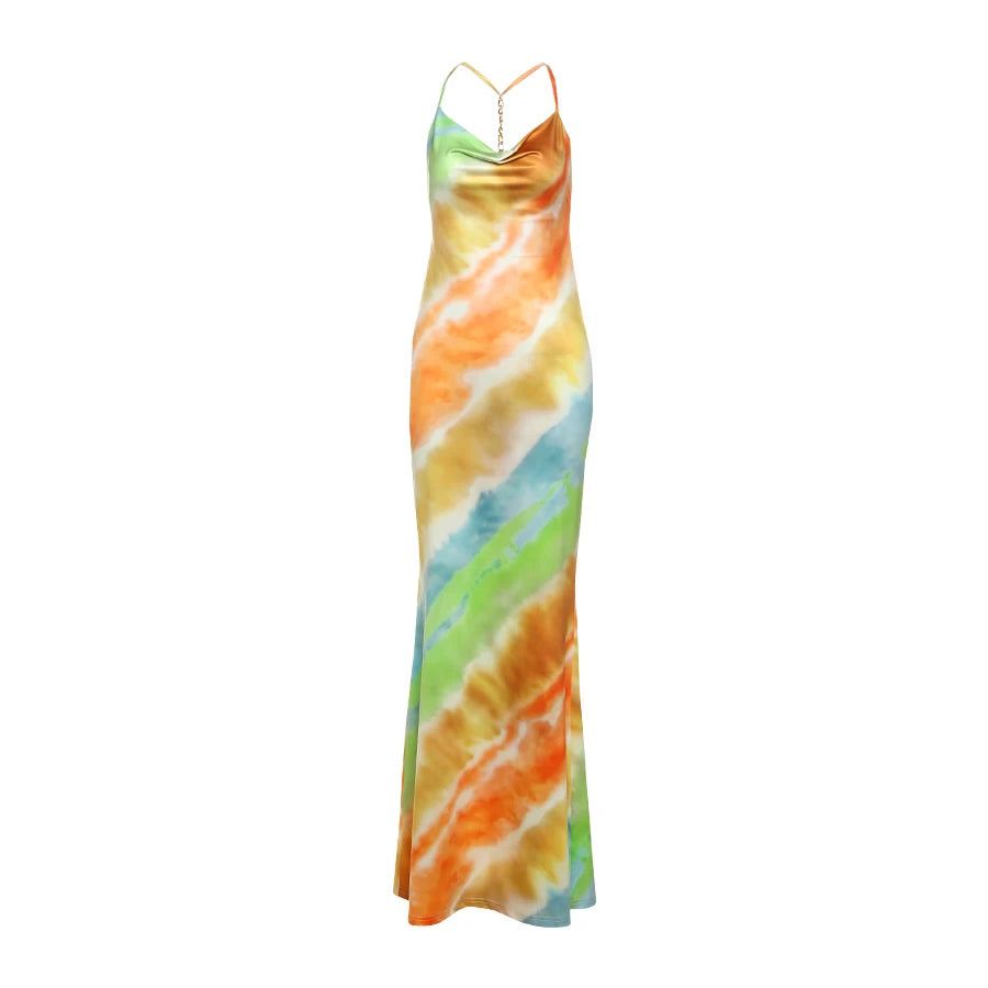 Colorful Swing Collar Maxi Dress With Metal Chain Backless