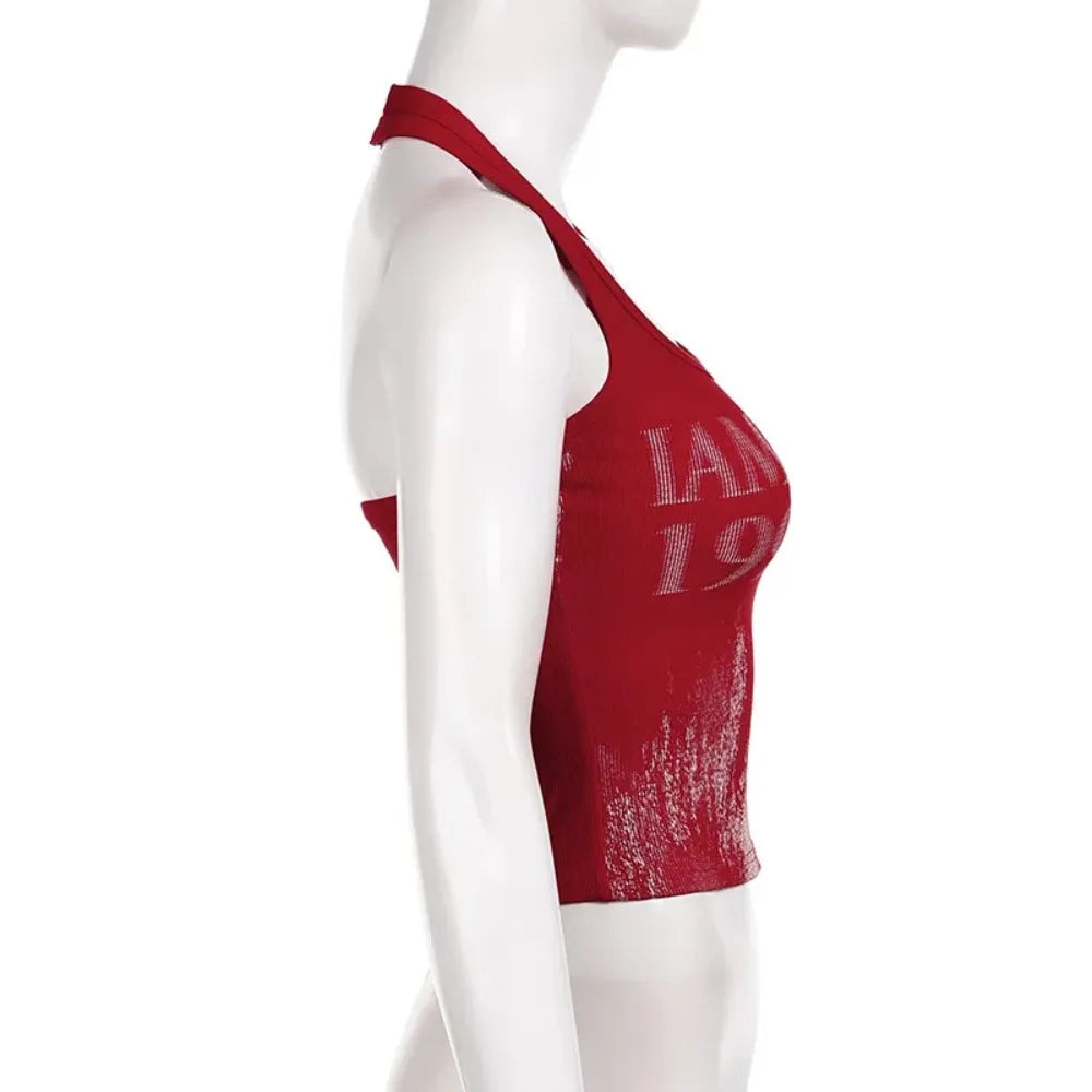 Retro Choker Vest Crop Top In Red With Open Back Knit Tank Style