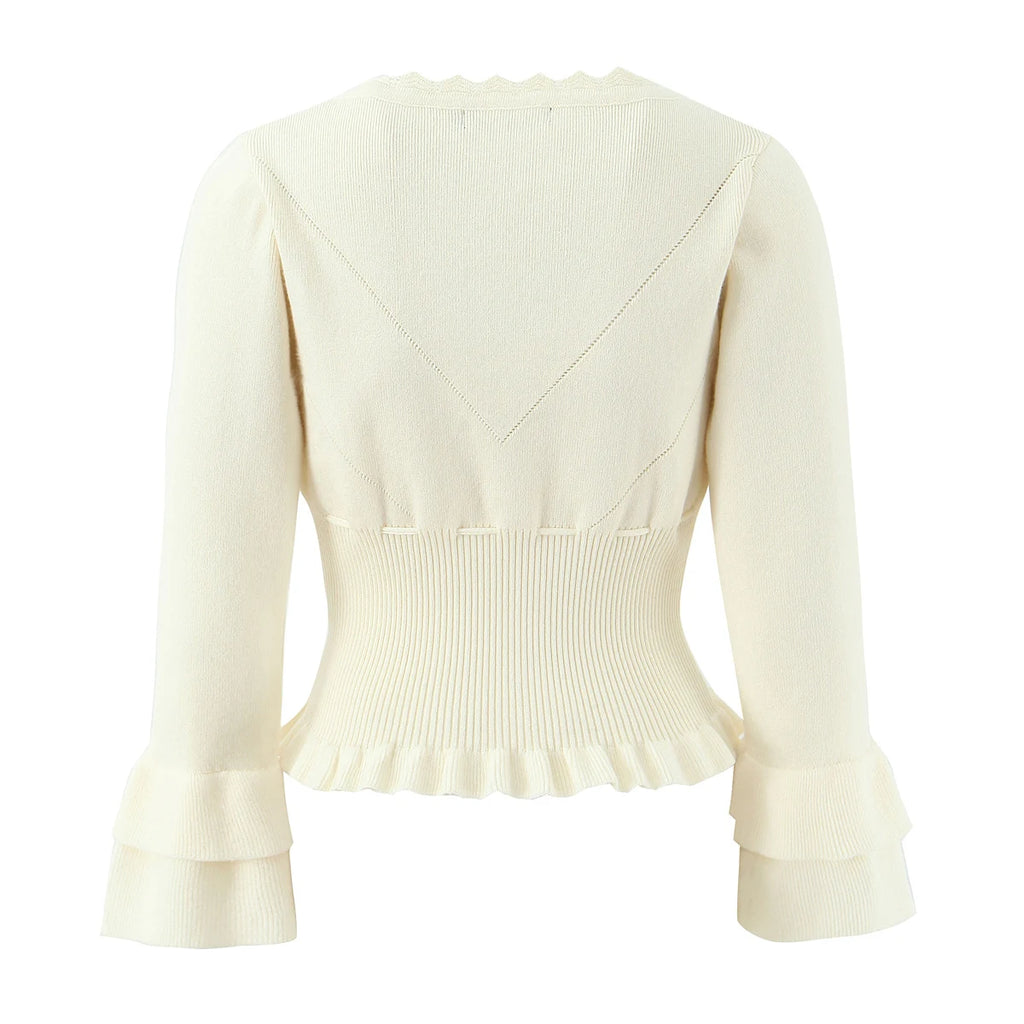 Hollow Crochet Knit Cropped Sweater in Beige and Red Long Sleeve Knit Top for Women