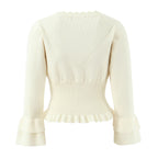 Hollow Crochet Knit Cropped Sweater in Beige and Red Long Sleeve Knit Top for Women