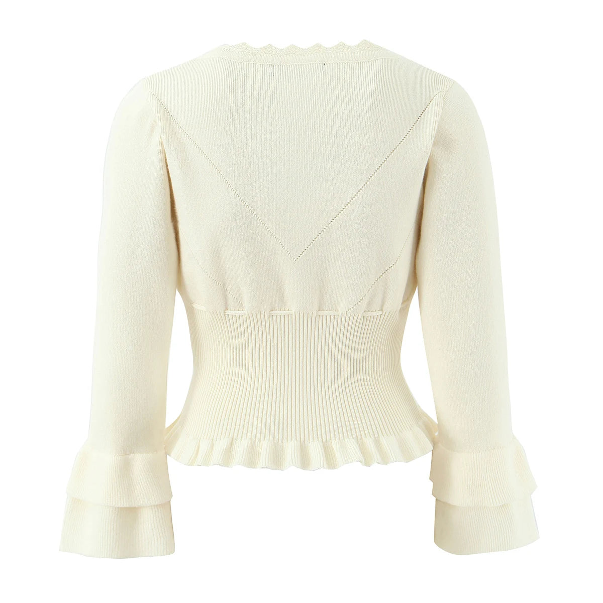 Hollow Crochet Knit Cropped Sweater in Beige and Red Long Sleeve Knit Top for Women