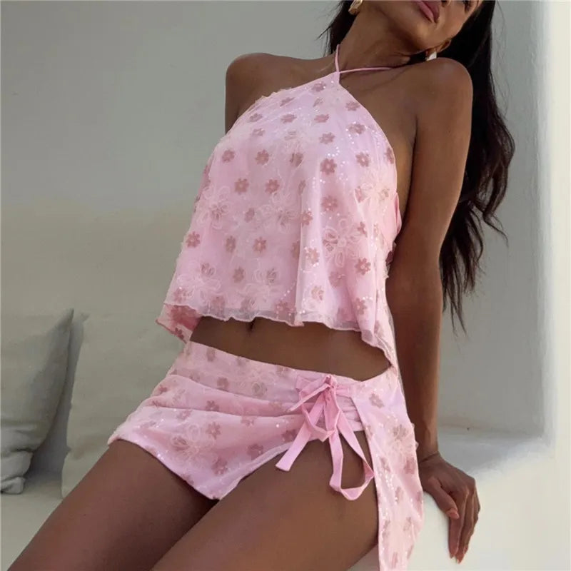 Sparkling Sequin Two Piece Set Sleeveless Top And Shimmer Mini Skirt