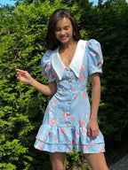 Puff Sleeves Ruffled Mini Dress With Pearl Buttons