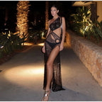 Sexy Sequin Hollow Out Knit Maxi Dress With One Shoulder Front Split Gown