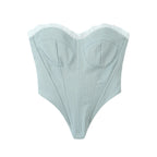 Sultry Gray And White Spliced Corset Crop Top With Fishbone Bodice
