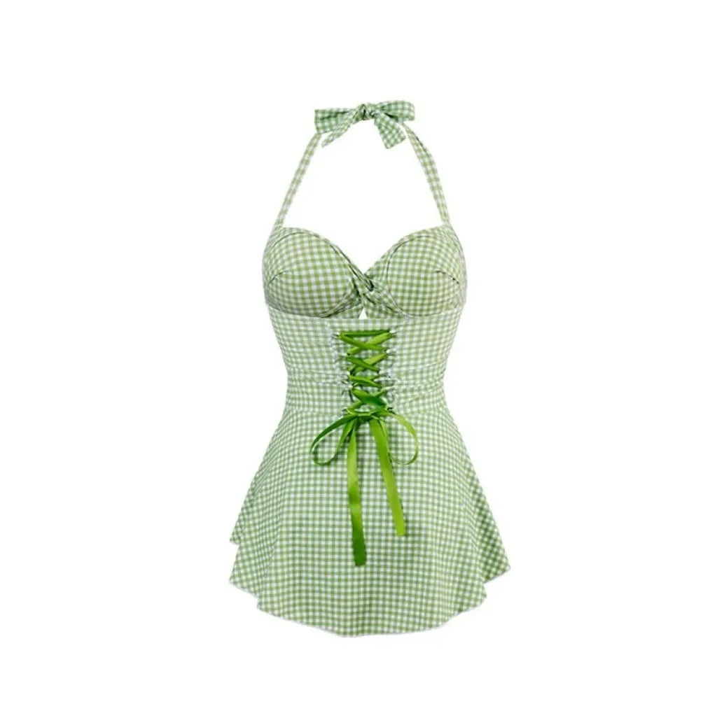 Plaid Backless Swim Dress With Halter Neck