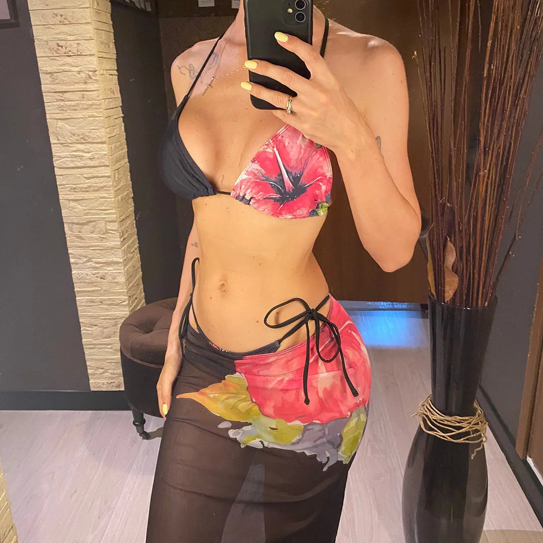 Flowers Printed With Skirt Halter Bikini Three-pieces Bikini set