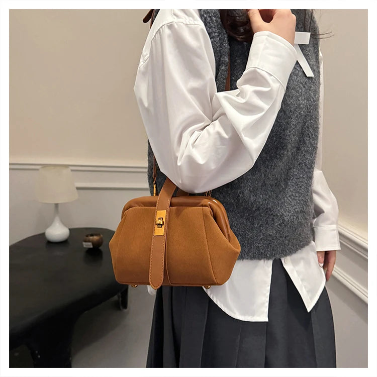 Luxe Faux Suede Frame Shoulder Bag With PU Accent Elegant Crossbody
