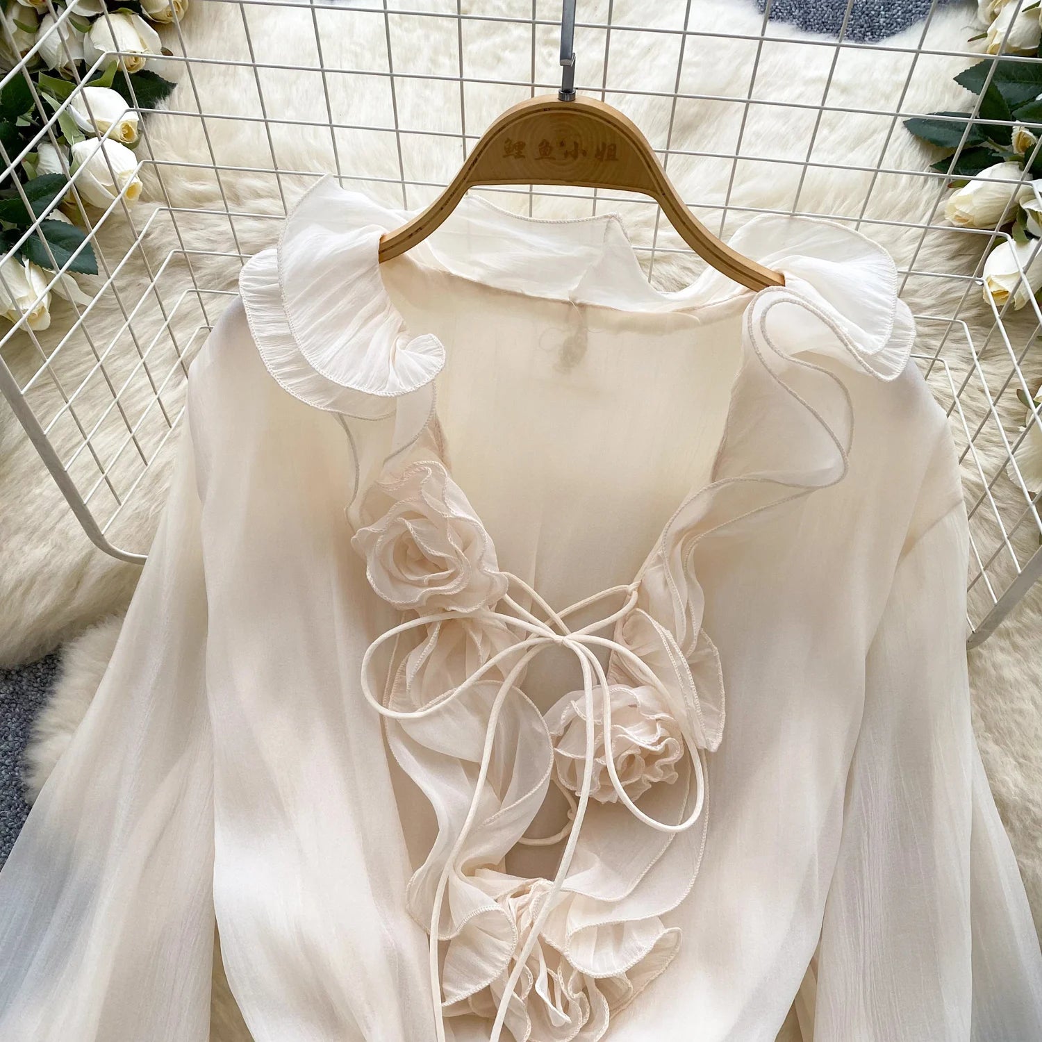 Boho 3D Floral Chiffon Sundress With Long Sleeves Lace Up Ruffle Detail