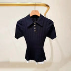French Hem Lace Stitching Twist Knit Sweater With Turn Down Collar Slim Short Sleeve Top