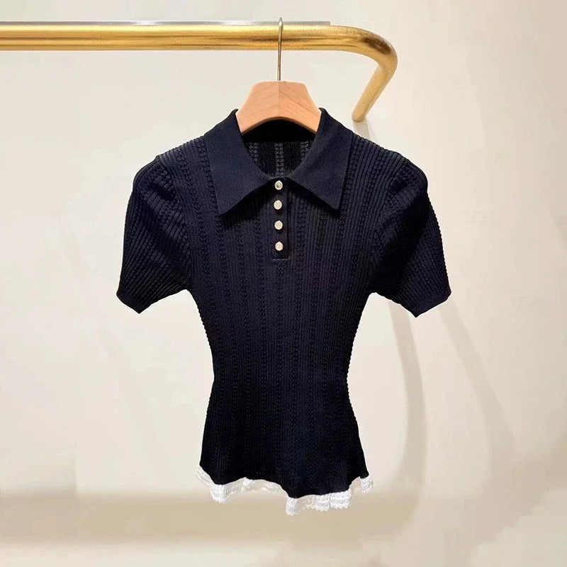 French Hem Lace Stitching Twist Knit Sweater With Turn Down Collar Slim Short Sleeve Top