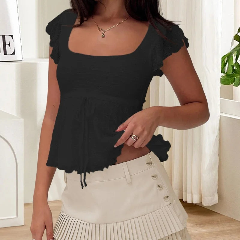 Jacquard Flower Top With Flying Sleeve Square Neck Bow Front Top