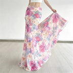 Bohemian Mesh Floral Maxi Skirt For Women Elegant High Waist