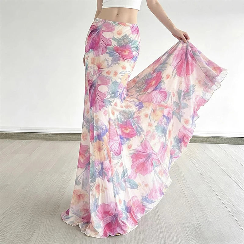 Bohemian Mesh Floral Maxi Skirt For Women Elegant High Waist