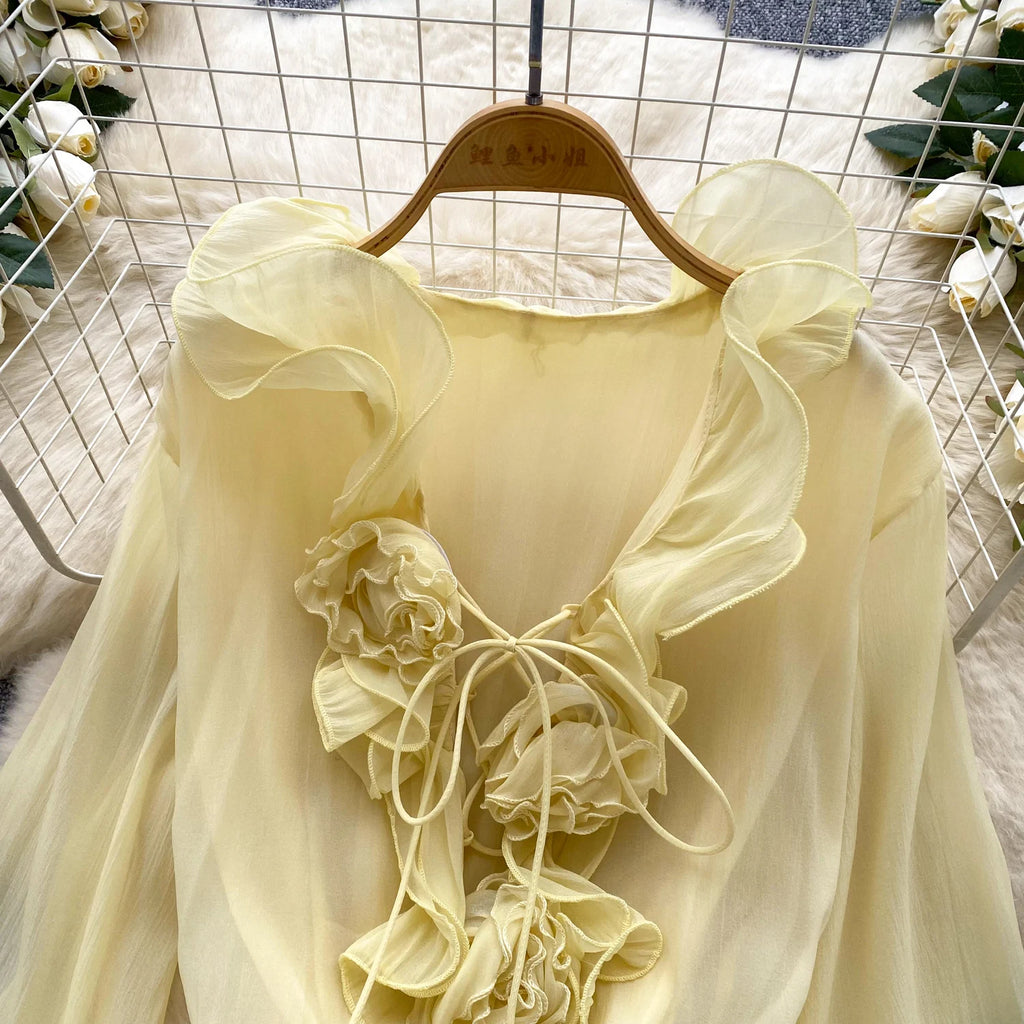 Boho 3D Floral Chiffon Sundress With Long Sleeves Lace Up Ruffle Detail