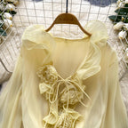 Boho 3D Floral Chiffon Sundress With Long Sleeves Lace Up Ruffle Detail