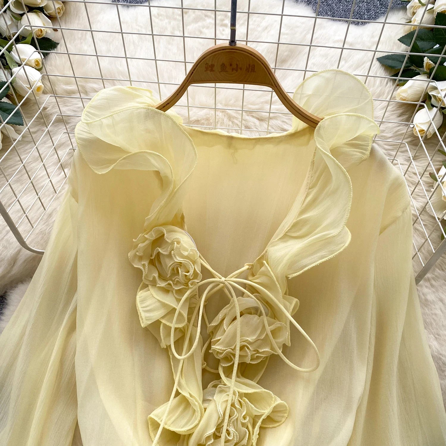 Boho 3D Floral Chiffon Sundress With Long Sleeves Lace Up Ruffle Detail