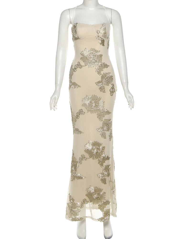 Chic Floral Embroidered Backless Maxi Dress With Low Neck And Crossback