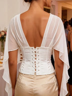 Satin Silk Patchwork V-Neck Tops Drawstring Backless Corset Waist Ruffle