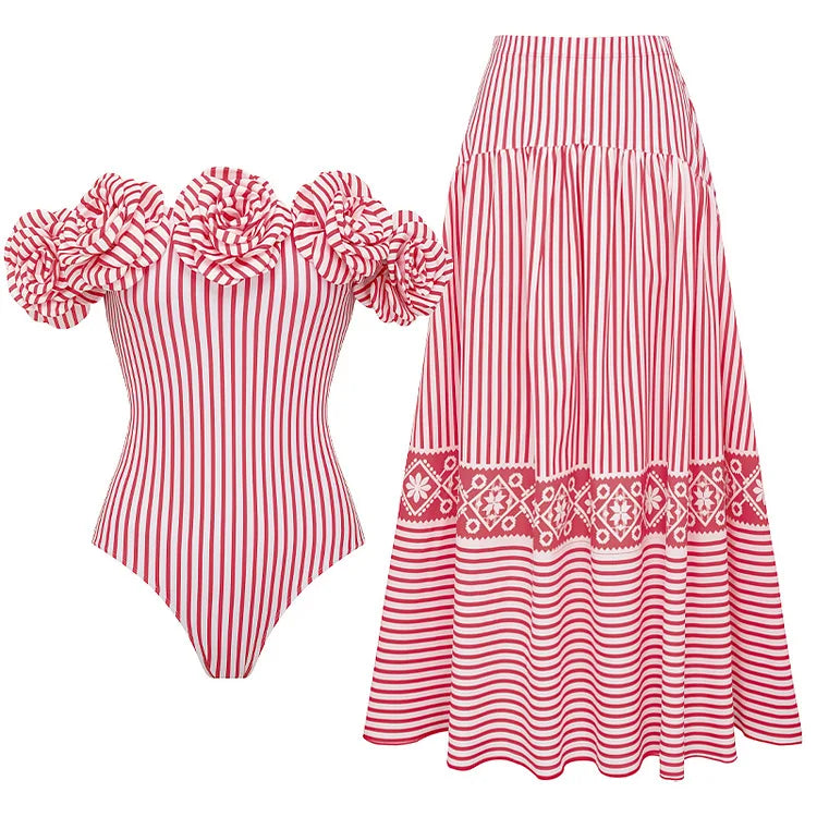 Women's One Piece Swimsuit Strapless 3D Floral Striped Monokini with Wire-free Padded