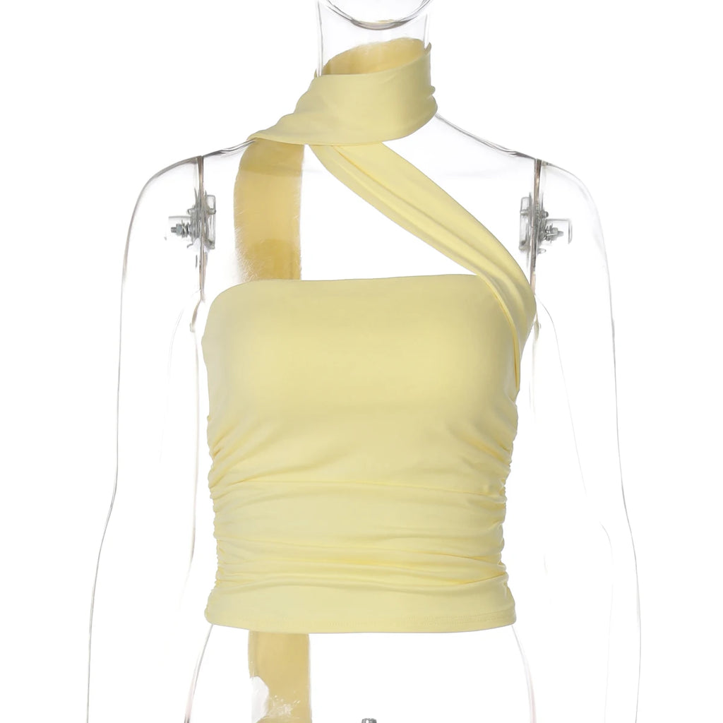 Elegant Halter Crop Top With Scarf Strap Ruched Slim Solid Design For Summer Streetwear