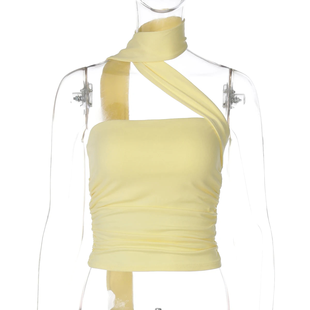 Elegant Halter Crop Top With Scarf Strap Ruched Slim Solid Design For Summer Streetwear