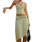 Chic Floral Two Piece Set With V Neck Cami Top And Asymmetrical Midi Skirt Lightweight Satin