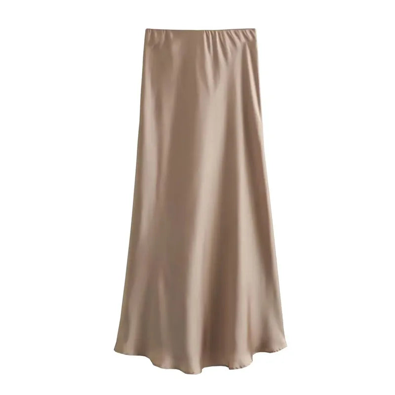 Satin High Waist Midi Skirt With Flair