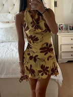 Butter Yellow Printed Lace Up Halter Backless Mini Dress