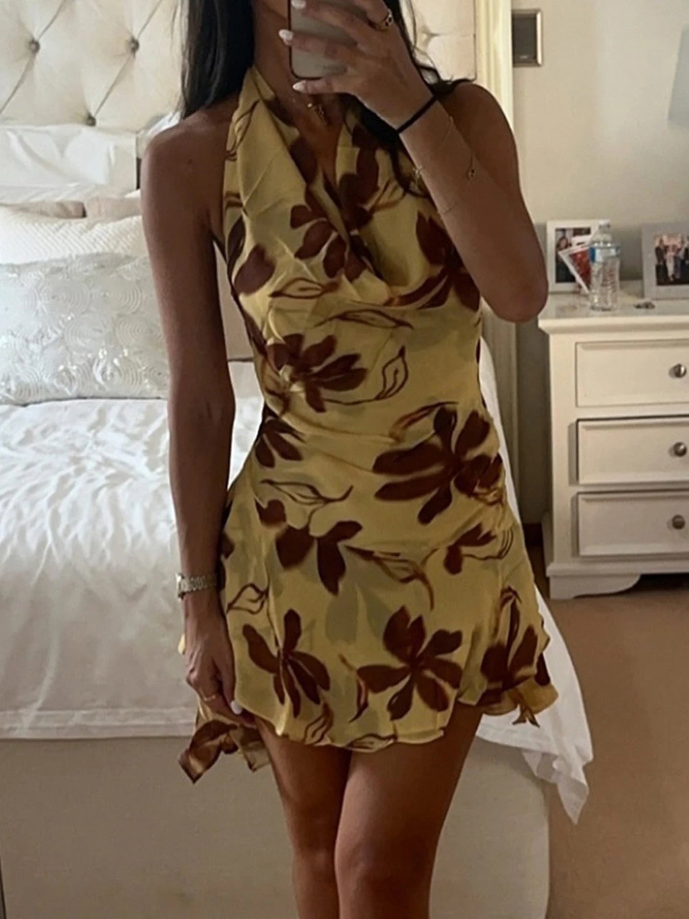 Butter Yellow Printed Lace Up Halter Backless Mini Dress