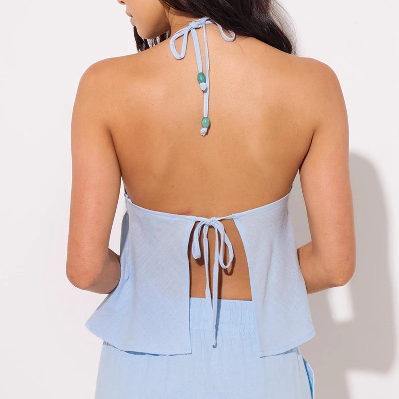 Boho Vintage Badydoll Tie Open Back Halter Peplum Top