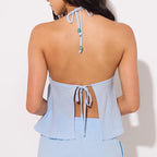 Boho Vintage Badydoll Tie Open Back Halter Peplum Top