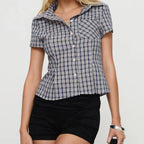 Vintage Plaid Button Down Shirt For Women Short Sleeve Blouse