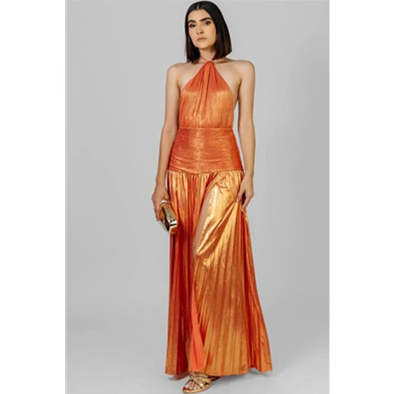 Off Shoulder Corset Halter Evening Gown With Slit