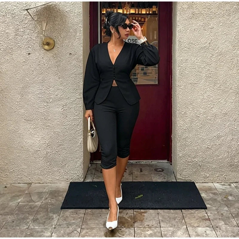 Sleek Blazer Capri Set For Women V Neck Jacket With Matching Pants