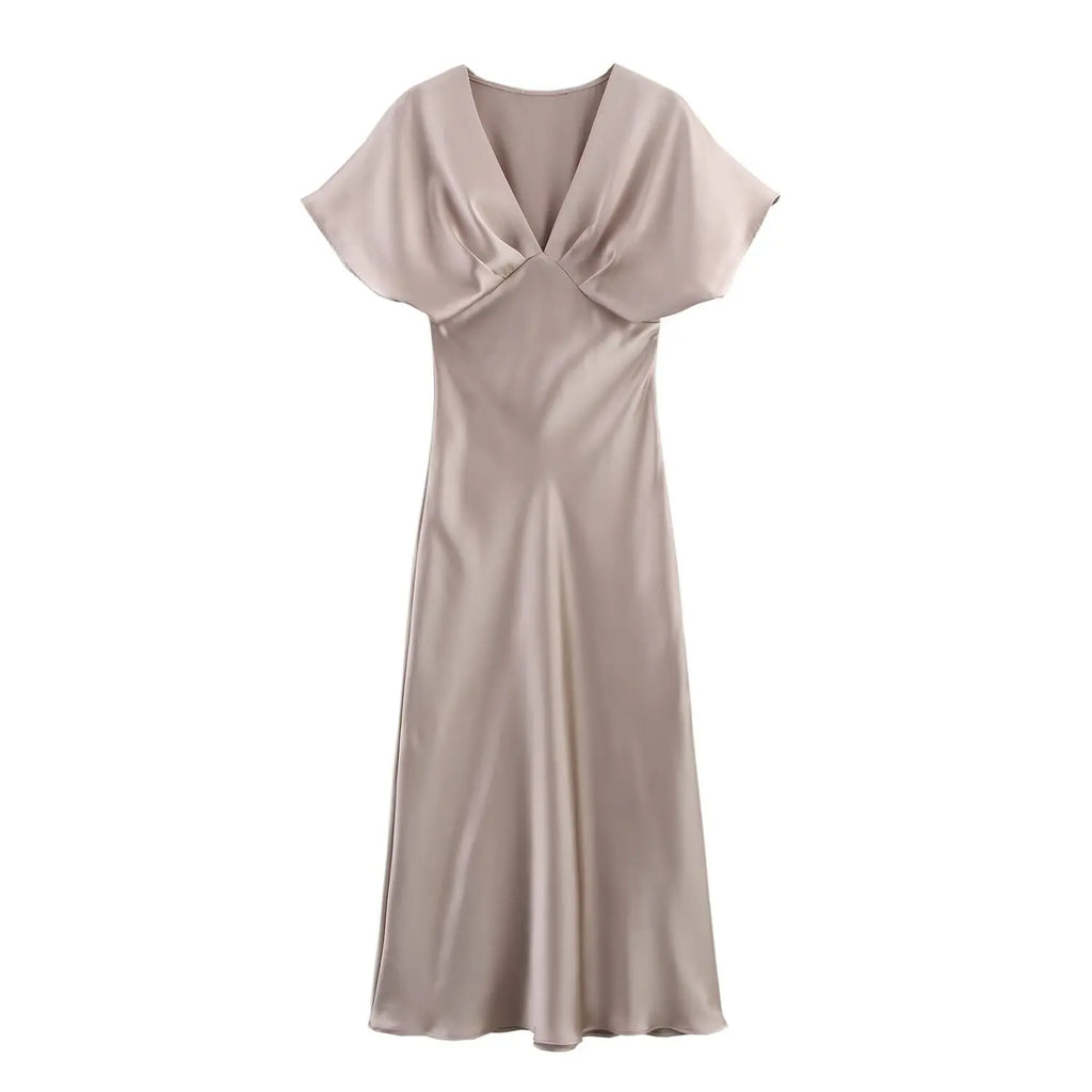 Elegant l Solid Satin Midi Dress With V Neck And Short Sleeves
