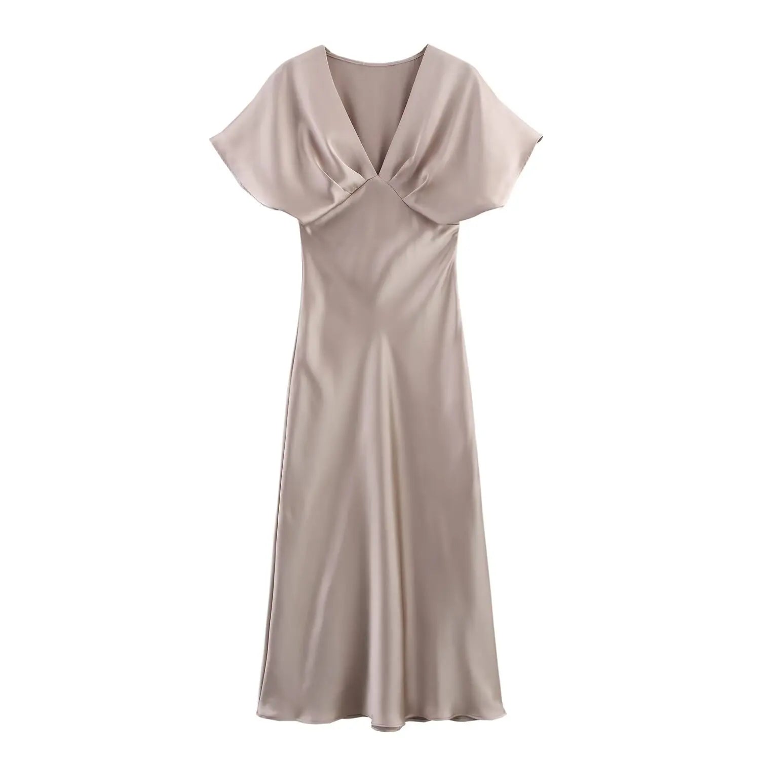 Elegant l Solid Satin Midi Dress With V Neck And Short Sleeves