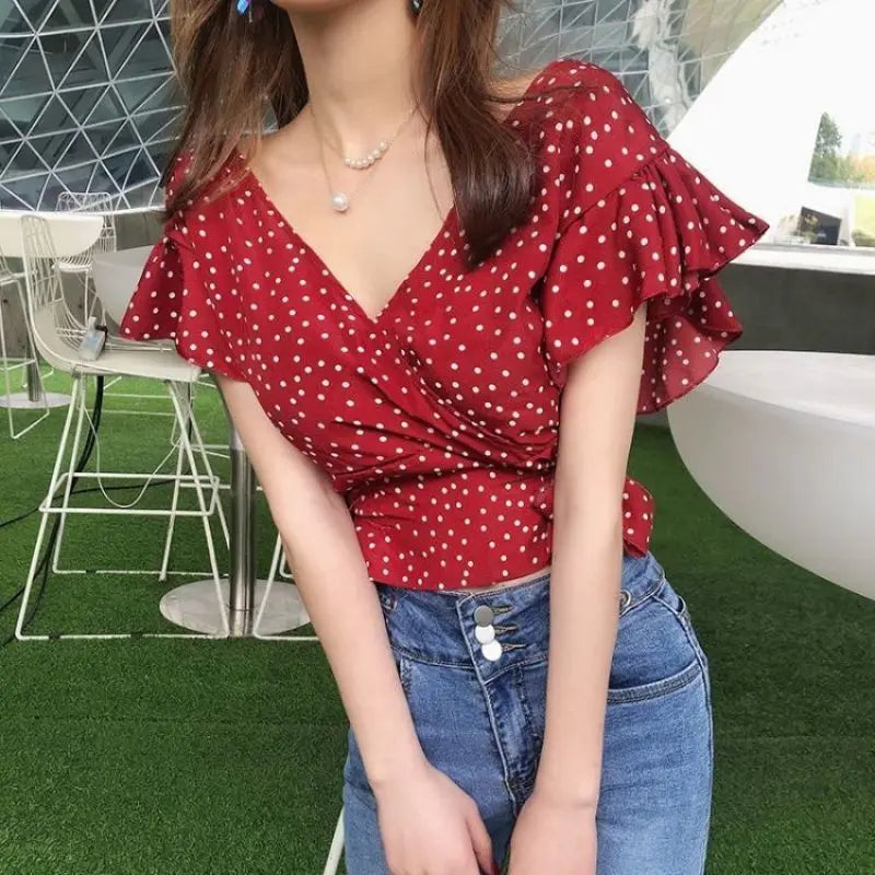 Polka Dot Chiffon Lace Up V Neck Blouse With Flowy Sleeves