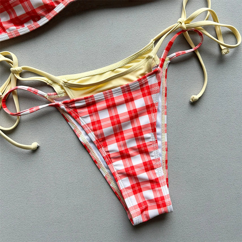 Halter Bikini Set in Plaid and Polka Dots