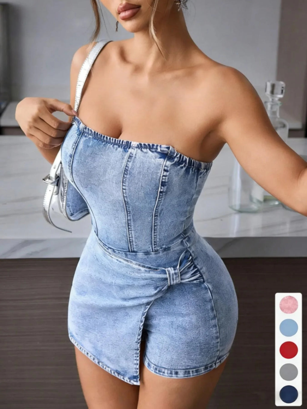 Twisted Front Denim Tube Dress