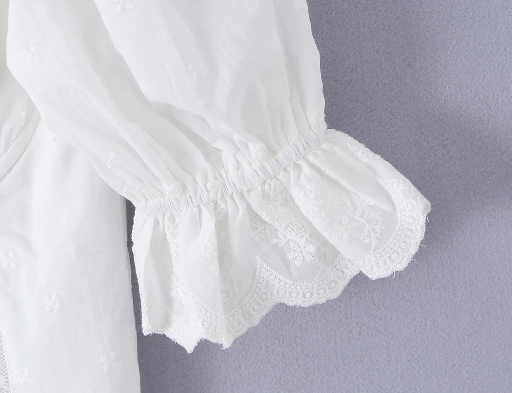 Sweet White Embroidered Floral Crop Shirt With V Neck Puff Sleeves And Ruffle Hem Slim Fit